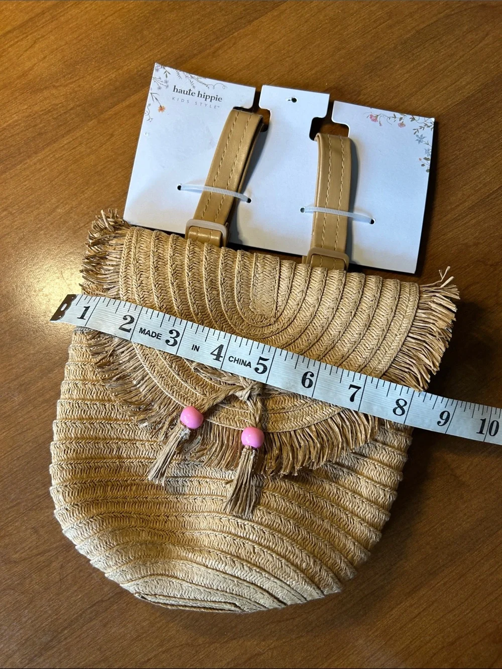 Haute Hippie Natural Straw mini backpack with Pink Bead Tassels and Tan Straps